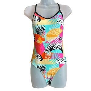Zxsport Juniors Size XS One-piece Swimsuit Multi Color Leaf Print Strappy Back